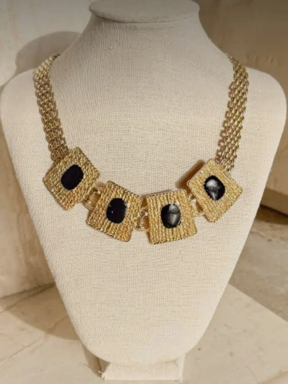 Vintage Gold Tone Black Enamel Chain Link Necklace with Black Cabochons